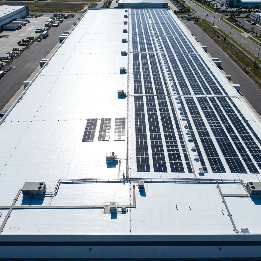 Toiture cool roof avec panneaux solaires photovoltaïques